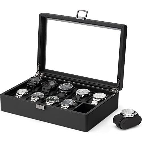 Watch box with 10 compartments, watch box with glass lid, watch storage, watch display case with watch cushion