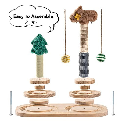 3-in-1 Kitten Toy Wooden Cat Toy - Double Scratching Tree Interactive Cat Toy Roller 2-Ply Turntable, Kitten Toy with Hanging Ball Toy Cat, 40x57cm