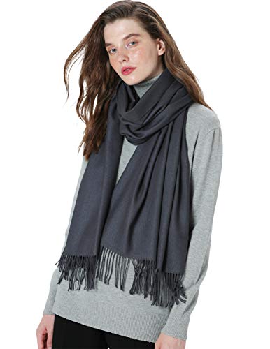 Scarf Warm Winter Autumn Plain Cotton with Tassels/Fringes, 40+ Colors Plain & Plaid Pashmina xl Scarves Dark Gray