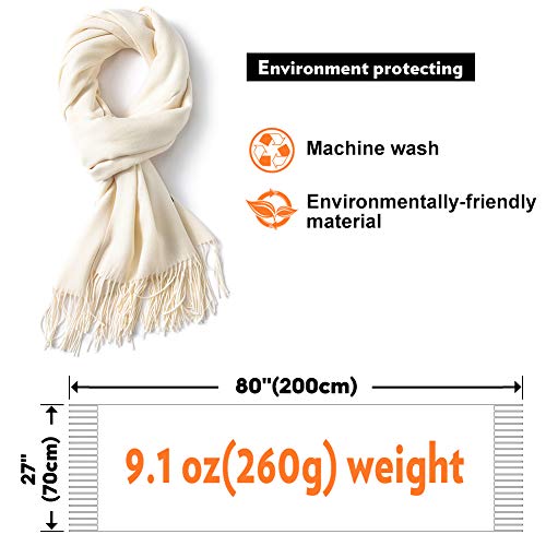 Scarf Warm Winter Autumn Plain Cotton with Tassels/Fringes, 40+ Colors Solid & Plaid Pashmina xl Scarves Cream White NOT Pure White