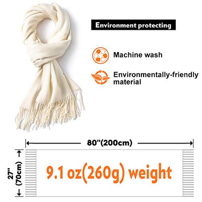 Scarf Warm Winter Autumn Plain Cotton with Tassels/Fringes, 40+ Colors Solid & Plaid Pashmina xl Scarves Cream White NOT Pure White