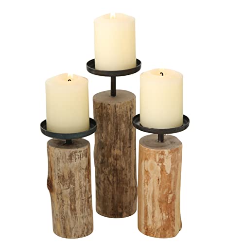 Candlestick Tempe (3-piece set, candle holders made of wood + metal, stylish design, decoration dining table / dresser, boho style)