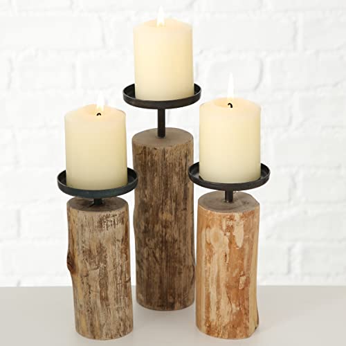 Candlestick Tempe (3-piece set, candle holders made of wood + metal, stylish design, decoration dining table / dresser, boho style)