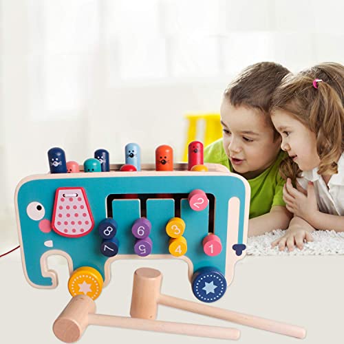 Wooden Knocking Bench with 2 Mallets, Hammer Game from 1 Year, Knocking Bench Batting Elephant Game, Early Children's Education Wooden Toy Gifts for Boys and Girls