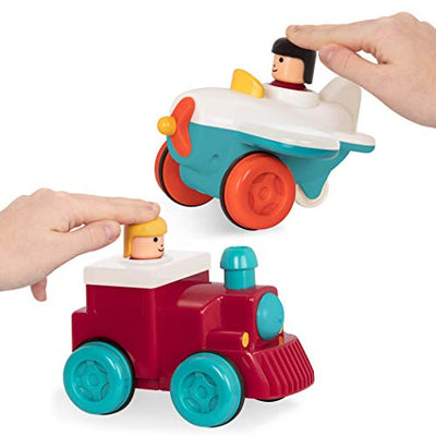 Set of 2 airplane and locomotive to push, pull back and release - Motorikspielzeug Aufziehauto Fahrzeuge