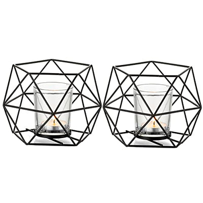 Tealight holder Candle holder Metal Black - Set of 2 Geometric Tealight Candle Holder Pillar Candle Lantern Modern Geo Deco