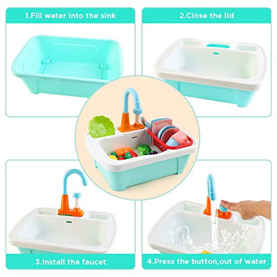 28 piece kitchen sink playset with cutting toys, kitchenware, faucet and drain