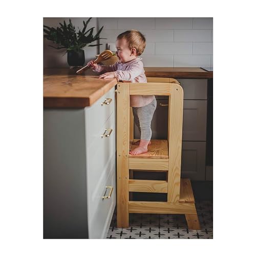 Learning Tower for Kids - Baby Adjustable Learning Tower Natural Wood, Toddler Stable Learning Chair for Kitchen, Babies Safe and Practical Kitchen Tower, Natural