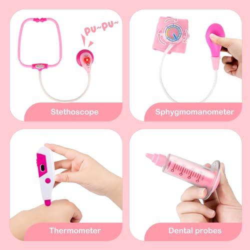 Coffret de jeux de rôle pour enfants pour dentistes, chirurgiens et vétérinaires, 30 pièces avec lumière et son, comprenant un stéthoscope électronique, une casquette de laboratoire et un équipement de jeu médical (rose). 