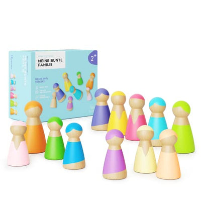 Figurines en bois arc-en-ciel : jouets Waldorf pour enfants à partir de 2 3 4 ans, jouets en bois pour enfants, cadeau d'anniversaire pour enfants, ensemble de jouets en bois avec 12 poupées en bois colorées 