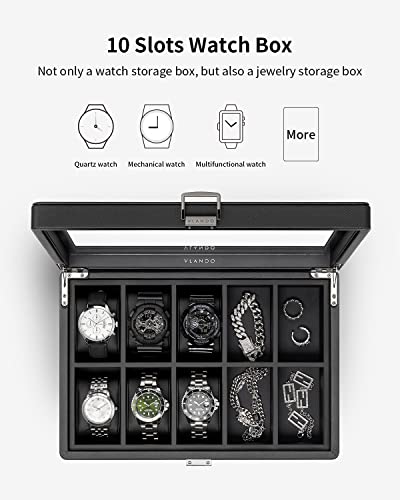 Watch box with 10 compartments, watch box with glass lid, watch storage, watch display case with watch cushion