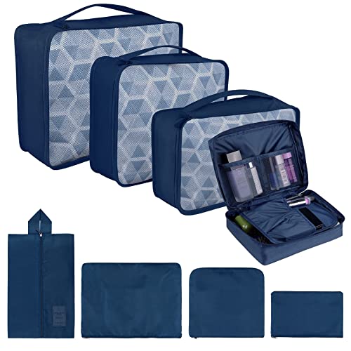 Lot de 8 cubes de rangement, cubes d'organisation pour valise, avec sac à chaussures, sac à linge, organisateur de voyage, sacs à vêtements, pour sac à dos, bleu foncé