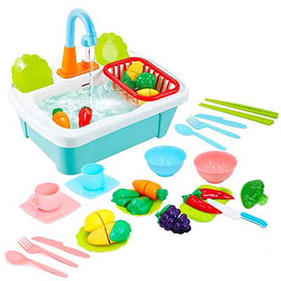 28 piece kitchen sink playset with cutting toys, kitchenware, faucet and drain