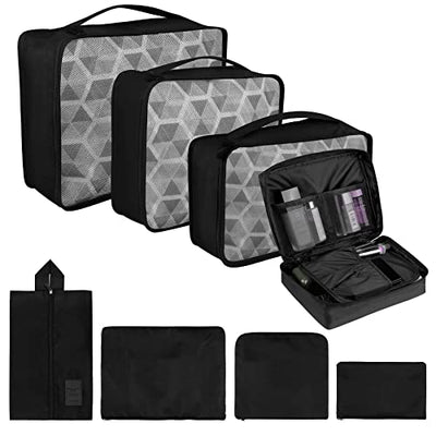 Lot de 8 cubes de rangement, cubes d'organisation pour valise, avec sac à chaussures, sac à linge, organisateur de voyage, sacs à vêtements, pour sac à dos, noir