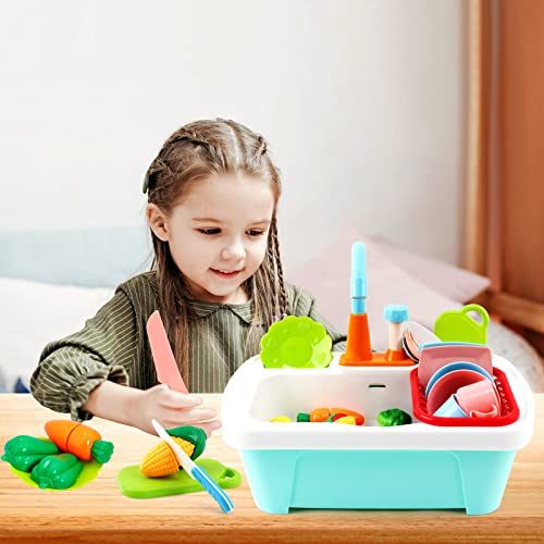 28 piece kitchen sink playset with cutting toys, kitchenware, faucet and drain