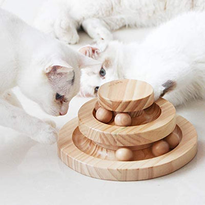 Interactive wooden cat toy double layer rotating smart track ball rocking roller gifts turntable for cats