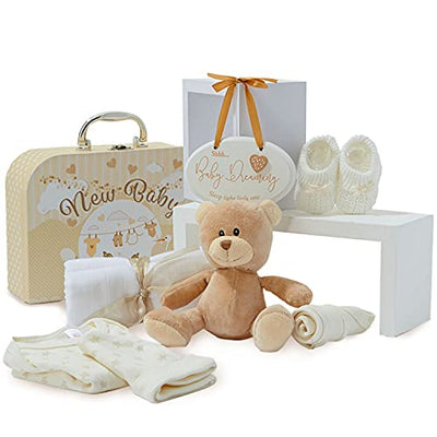 Baby gift set for newborn - hand wrapped unisex baby gift - gift set baby with suitcase, teddy bear, knitted baby shoes, bib, cap, muslin diaper and tag to hang up