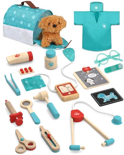 Doctor case kids wood, vet toy kids with dog model, doctor case kids with doctor coat and hat, vet case for kids role play