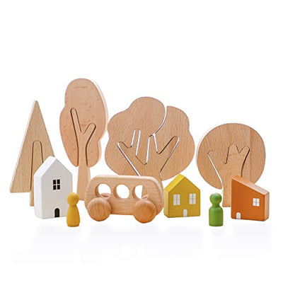 10 pieces wooden toys trees and houses set