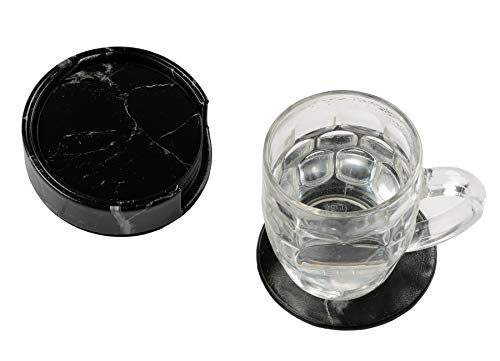 Coaster Black PU Leather Round Coaster Marble Pattern Set Of 6 For Glasses