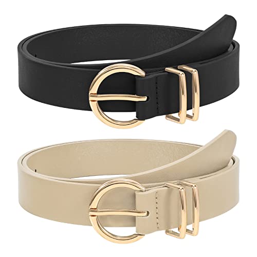 2 pieces leather belt gold buckle leather belt for jeans pants dress, black/beige, 110cm