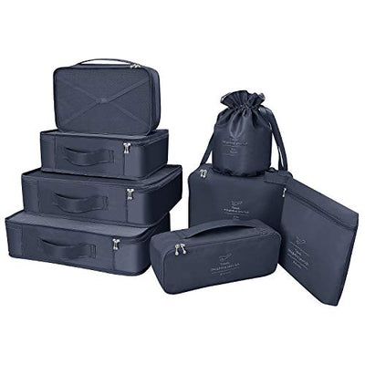 Suitcase Organiser, Clothes Bags for Travel, 8-Piece Set, 7 x Colours, Travel Luggage Organisers Including Waterproof Shoe Storage Bag, Convenient Compression Bags For Travellers, navy