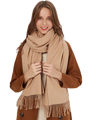 Scarf Warm Winter Autumn Plain Cotton with Tassels/Fringes, 40+ Colors Solid & Plaid Pashmina xl Scarves Beige Light Camel