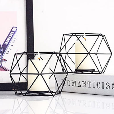 Tealight holder Candle holder Metal Black - Set of 2 Geometric Tealight Candle Holder Pillar Candle Lantern Modern Geo Deco