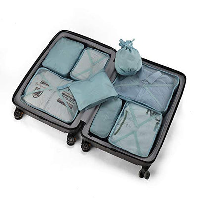 Organisateur de valise, sacs à vêtements pour le voyage, 8 pièces, 7 couleurs, organisateur de bagages de voyage incluant un sac de rangement de chaussures imperméable, sacs de compression pratiques pour les voyageurs, gris / bleu