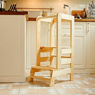 Learning Tower for Kids - Baby Adjustable Learning Tower Natural Wood, Toddler Stable Learning Chair for Kitchen, Babies Safe and Practical Kitchen Tower, Natural