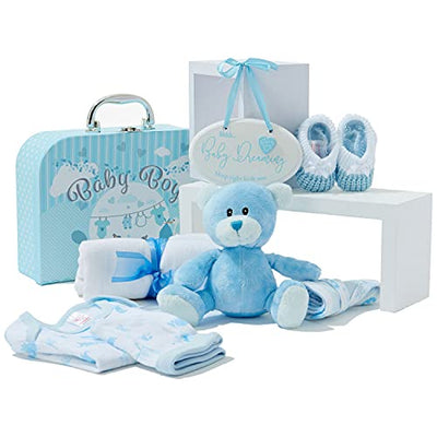 Baby Gift Set for Boys - Hand Packed Blue Baby Gift Boy - Gift Set Baby with Suitcase, Teddy Bear, Knitted Baby Shoes, Bib, Cap, Gauze Diaper and Tag to Hang Up