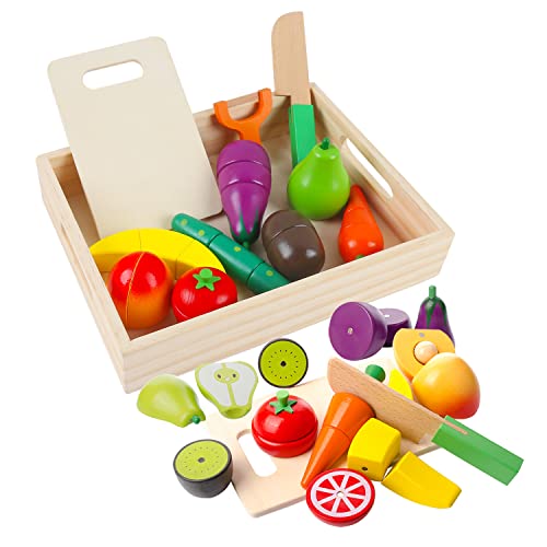 Wooden kitchen kids toy, cut fruit and vegetable magnetic toy, cooking food simulation education and color perception