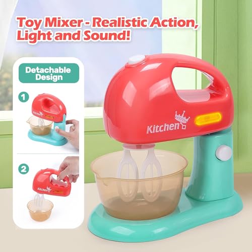 Toy Kitchen Tools Playset, Kids Kitchen Toy Mixer and Mixer with Sound and Light, Play Toaster, Cutting Play Food, Toddler Play Kitchen Accessories Set