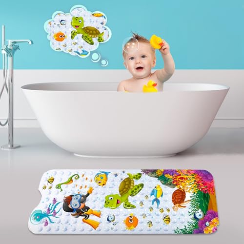 Bath Mat for Kids Cartoon Anti Slip Baby Bath Mat Extra Long Anti Slip with Suction Cups Drain Holes