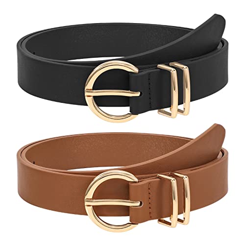 2 pieces leather belt gold buckle leather belt for jeans pants dress, black/brown, 140cm