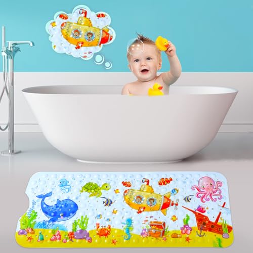 Bath Mat for Tub for Kids Cartoon Anti Slip Baby Bath Mat Extra Long Anti Slip Bathroom Toddler Shower Floor Mat with Suction Cups Drainage Holes