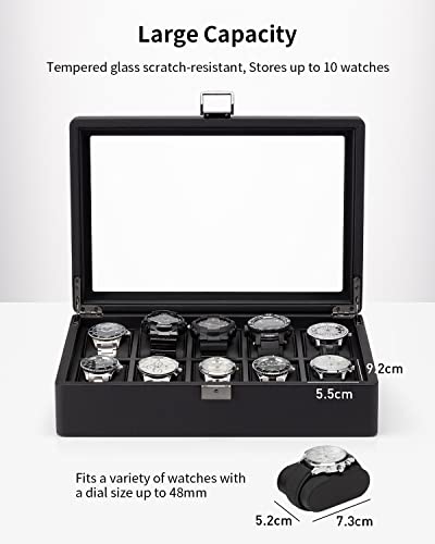 Watch box with 10 compartments, watch box with glass lid, watch storage, watch display case with watch cushion