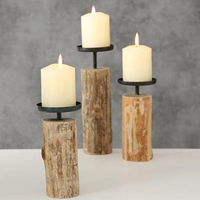 Candlestick Tempe (3-piece set, candle holders made of wood + metal, stylish design, decoration dining table / dresser, boho style)