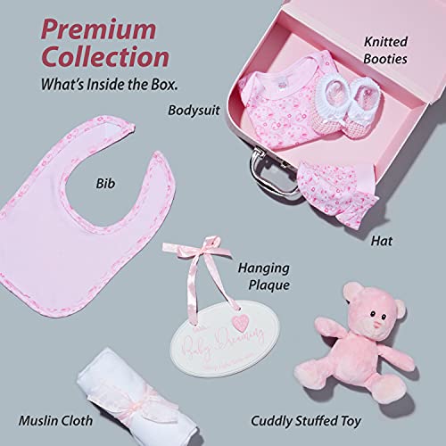 Baby gift set - hand wrapped gift for birth girl - gift set baby with suitcase, teddy bear, knitted baby shoes, bib, cap, gauze diaper and tag to hang up