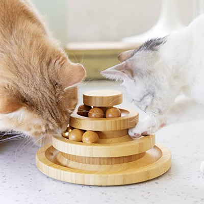 Cat Toy Self Occupation, Interactive Wooden Cat Toy THREE Tiers Rotatable Smart Track Ball Rocking Roller With Bells