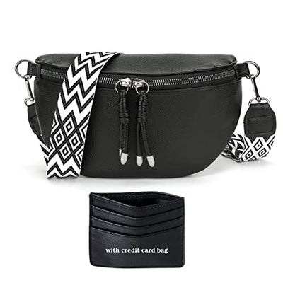 Fanny Pack Stylish Chest Bag Crossbody Bag Wide Strap Vegan Leather Black Credit Card Package Send