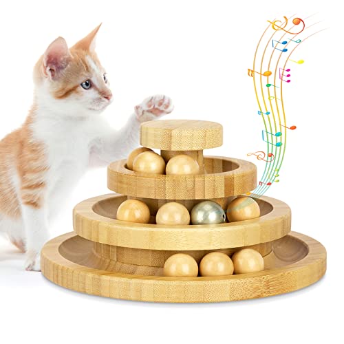 Cat Toy Self Occupation, Interactive Wooden Cat Toy THREE Tiers Rotatable Smart Track Ball Rocking Roller With Bells