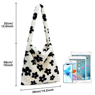 Plush Handbag with Zipper Cute Fluffy Crossbody Bag Shoulder Bag, Black Flowers