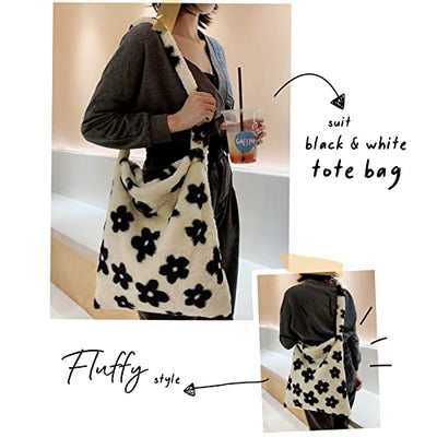 Plush Handbag with Zipper Cute Fluffy Crossbody Bag Shoulder Bag, Black Flowers