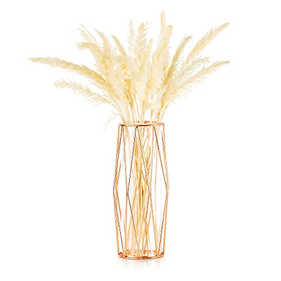 Vase For Pampas Grass, Glass Rose Gold Vase High Floor Vase With Geometric Metal Frame Stand