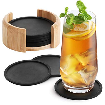 Silicone coasters round for glasses - Set of 8 Ink. Box - design glass coasters in black for drinks, cups, bar, glass