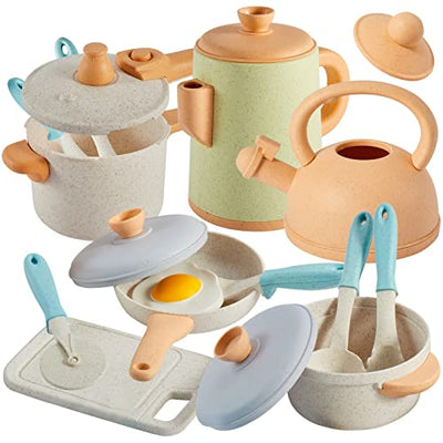 Kids kitchen accessories, kids kitchen toys cookware, wheat straw pots and pans set food toys, mud kitchen accessories outdoor