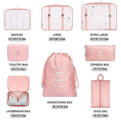 Cubes d'emballage 8 pièces, sacs à vêtements, organisateur de valises pour vacances et voyages, ensemble de cubes d'emballage, cube de voyage, système d'organisation pour valises – Rose