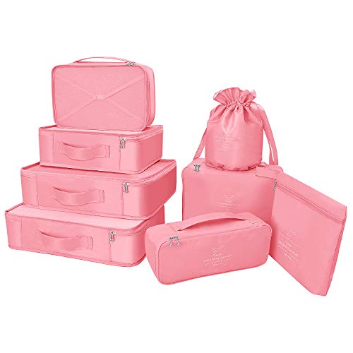 Organisateur de valise, sacs à vêtements pour le voyage, 8 pièces, 7 couleurs, organisateur de bagages de voyage incluant un sac de rangement de chaussures imperméable, sacs de compression pratiques pour les voyageurs, nouveau rose