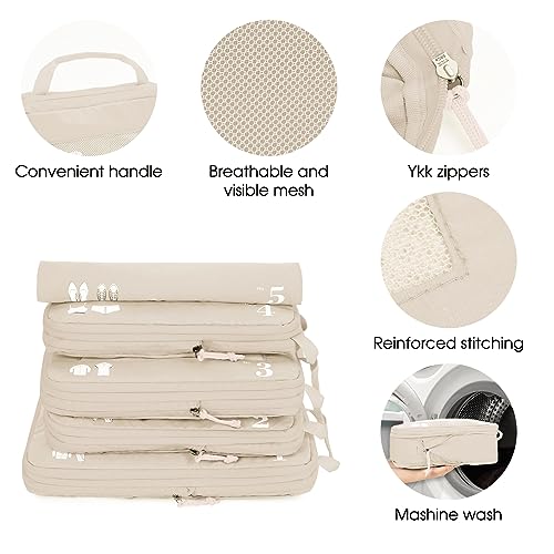 5-teiliges Kompressionskoffer-Organisatorenset für Rucksack Kompressionspackwürfel Packwürfel Kofferorganisator Packsäcke Kleidersäcke für Koffer Reiseorganisator (Beige)